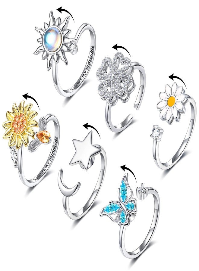 FUNEIA 6Pcs Fidget Ring for Women Anti-Anxiety Rings Adjustable Open Stackable Spinner Rings Set - Image 1